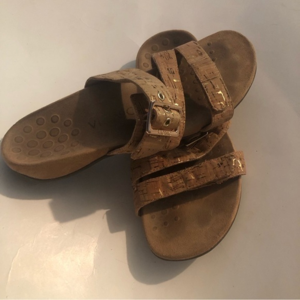 Vionic Skylar Cork Gold Adjustable Orthotic Slide Sandals Womens Sz 8